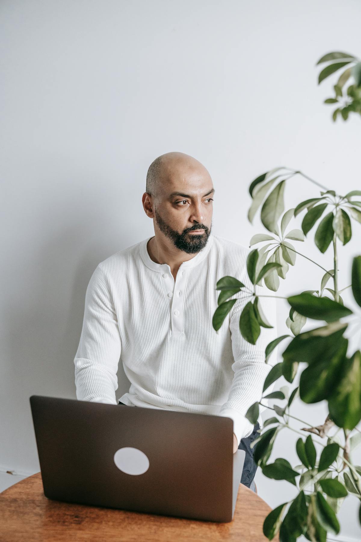 Solopreneur focused on deep work at laptop in minimalist room with plant