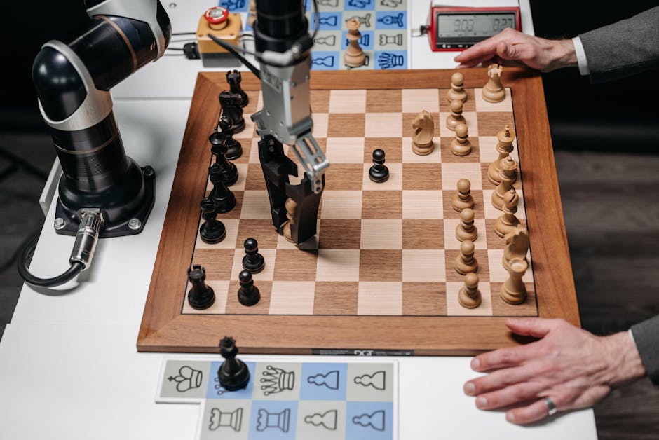 Robot hand making a strategic chess move