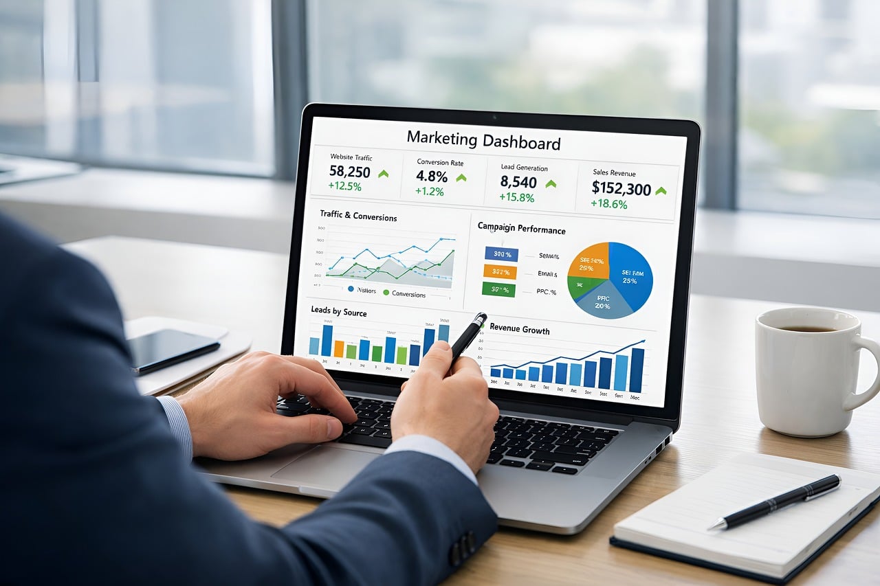 Marketing analytics dashboard generated by a Claude for Small Business agentic workflow
